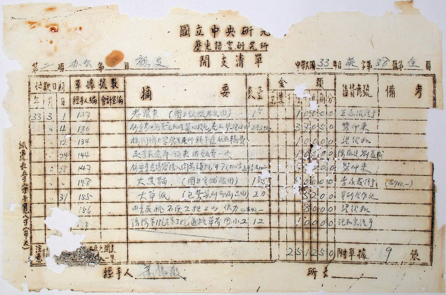 图0：1944年中研院史语所购买大黑猫捕鼠的开支单据